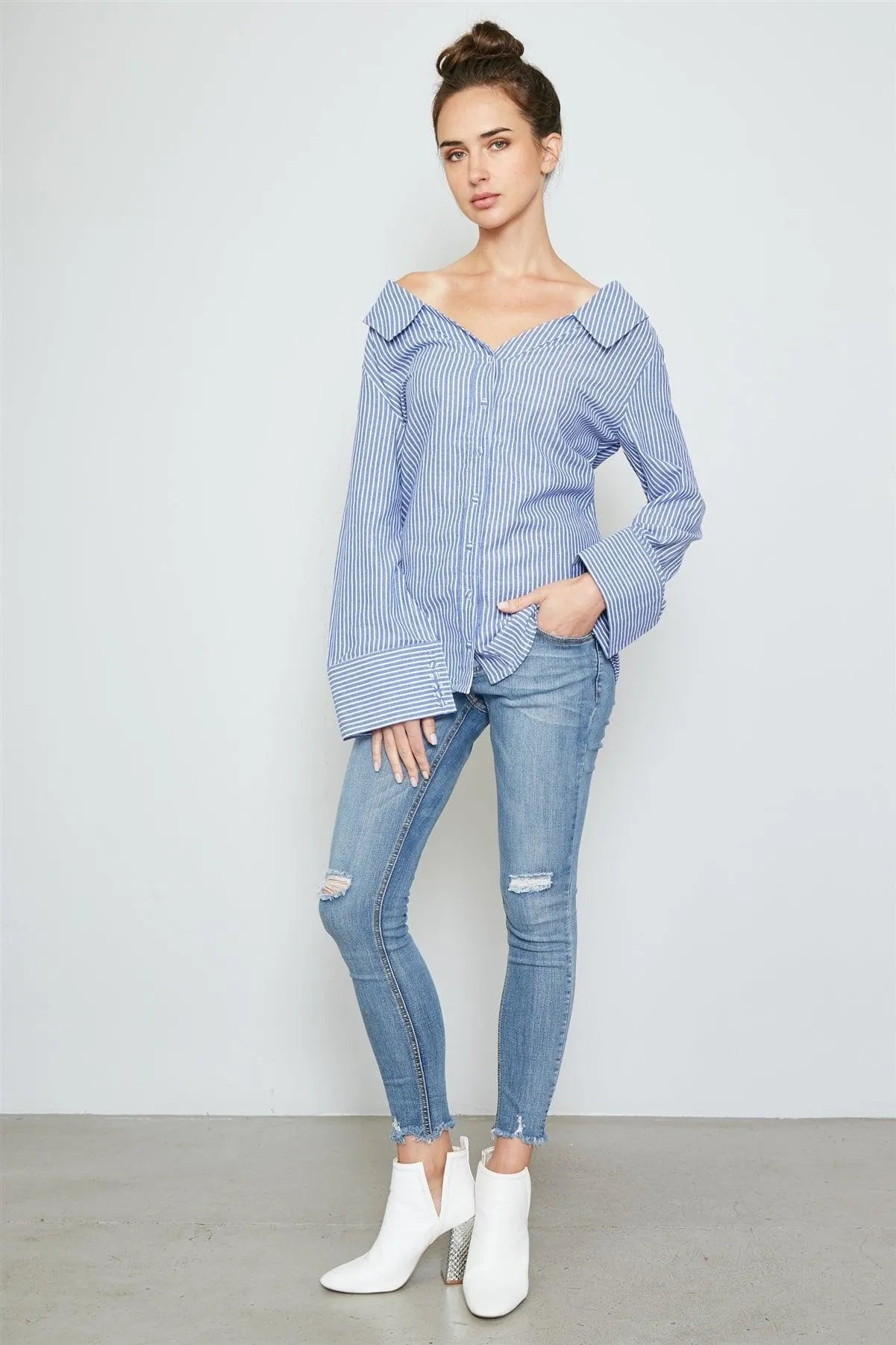 Blue Tie Back Striped Off The Shoulder Shirt /2-2-1 - Tasha Apparel Wholesale