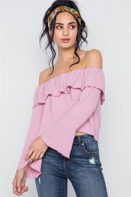 Blush Off-The-Shoulder Bell Sleeve Top /2-2-1 - Tasha Apparel Wholesale