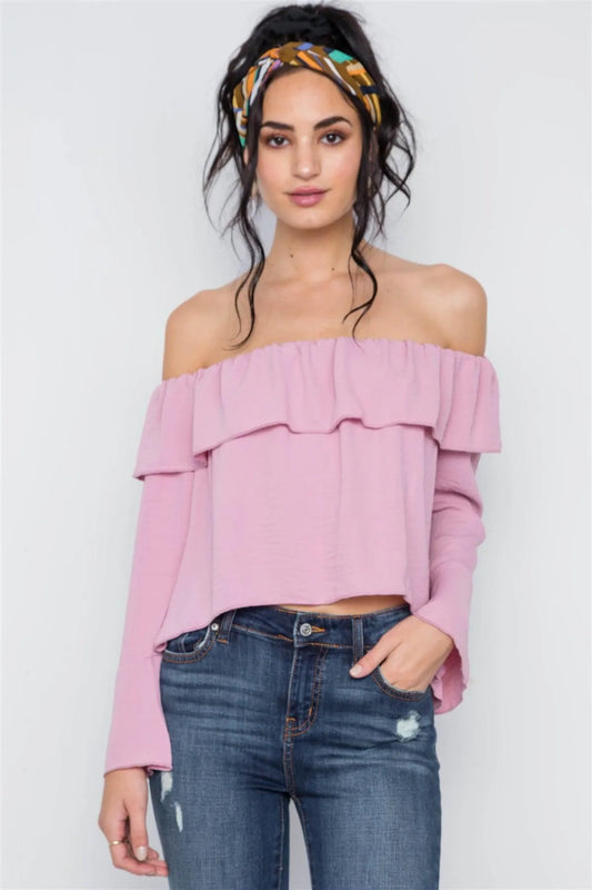 Blush Off-The-Shoulder Bell Sleeve Crop Top /3-2-1 - Tasha Apparel Wholesale