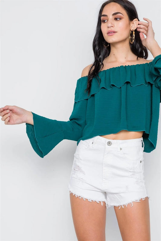 Emerald Green Off-The-Shoulder Bell Sleeve Top /2-2-1 - Tasha Apparel Wholesale