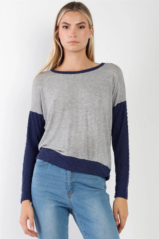 Lightweight Knit Grey Navy Distress Detailing Top /1-2-2 - Tasha Apparel Wholesale