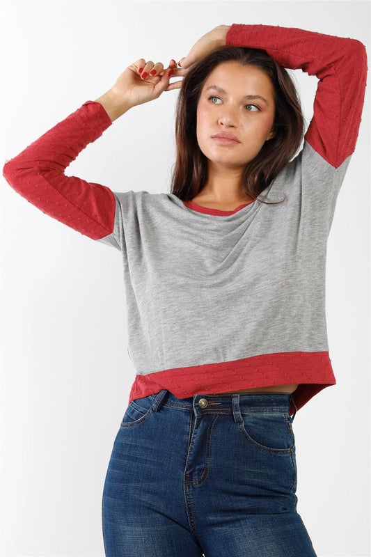 Lightweight Knit Grey Red Distress Detailing Top /2-2-2 - Tasha Apparel Wholesale