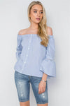 Blue White Stripe Off-The-Shoulder Button Down Boho Top /1-2-2-1 - Tasha Apparel Wholesale