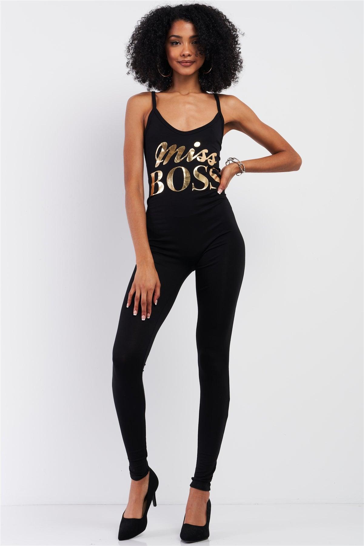 Black Sleeveless Scoop Neck Gold "Miss Boss" Graphic Bodycon Jumpsuit /2-2-2