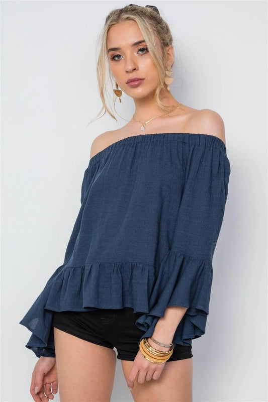 Navy Off-The-Shoulder Bell Sleeves Flounce Top /1-2-2-1 - Tasha Apparel Wholesale