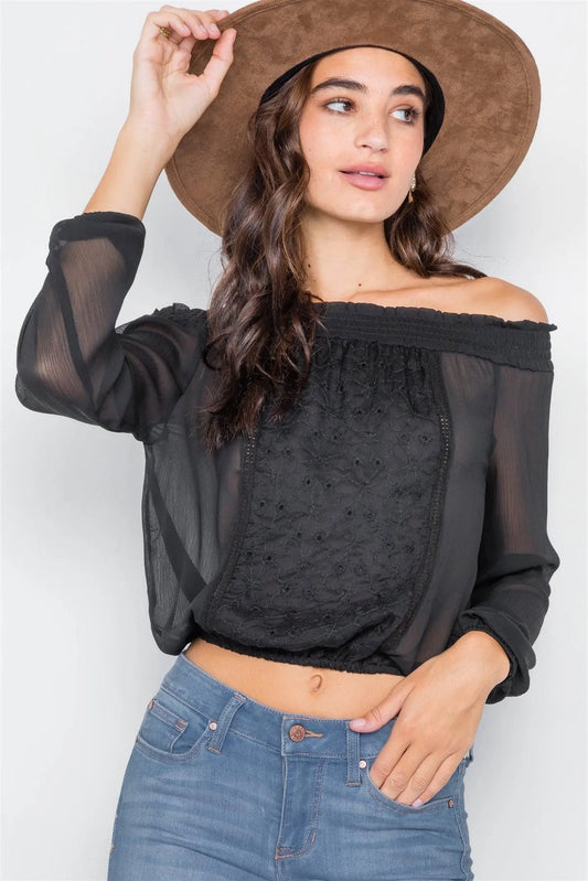 Black Off-the-Shoulder Sheer Floral Top /2-2-2 - Tasha Apparel Wholesale