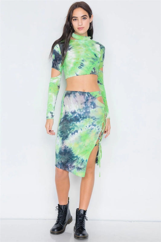 Lime Tie Dye Mock Neck Cut Out Long Sleeve & Mini Lace Up Slit Skirt Set - Tasha Apparel Wholesale
