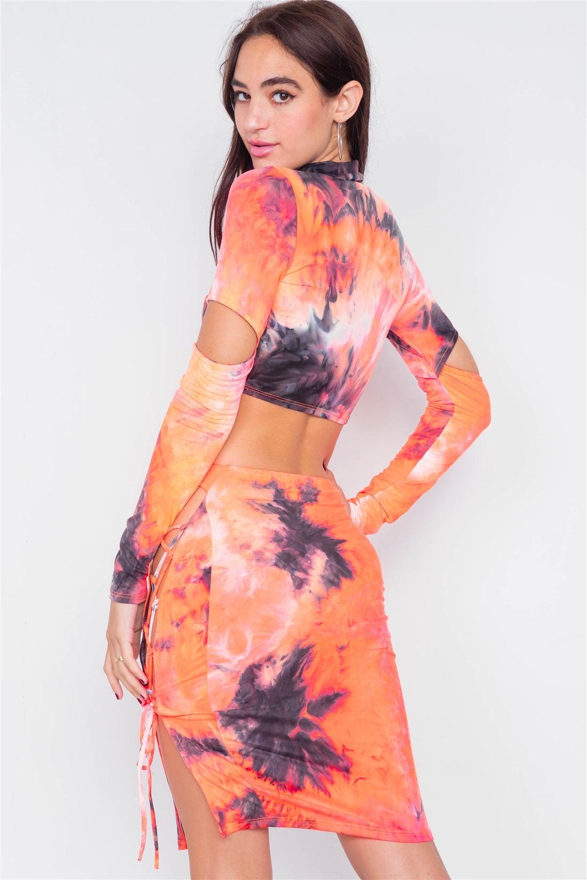 Orange Tie Dye Mock Neck Cut Out Long Sleeve & Mini Lace Up Slit Skirt Set /3-2-1