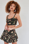 Olive Army Print Sleeveless Bustier Top & High Waisted Skater Skirt Set