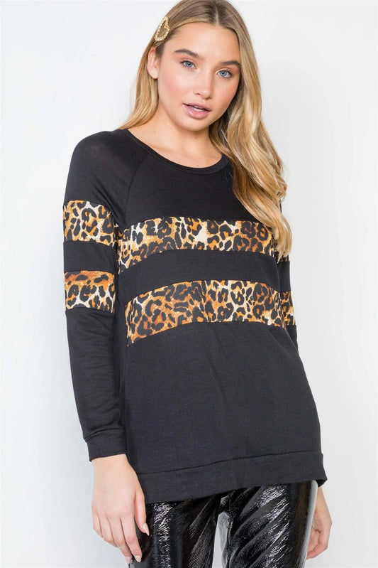 Black Stripe Animal Print Casual Knit Sweater /2-2-2 - Tasha Apparel Wholesale