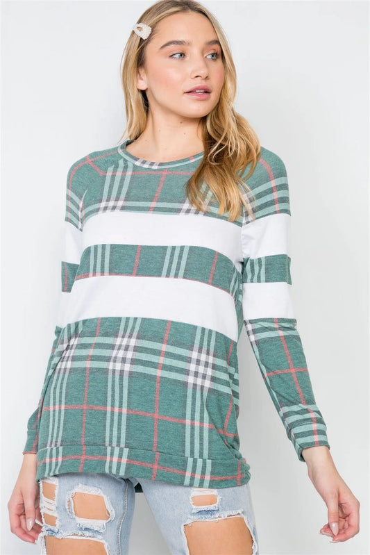 Green Plaid Long Sleeve Colorblock Sweater /2-2-2 - Tasha Apparel Wholesale