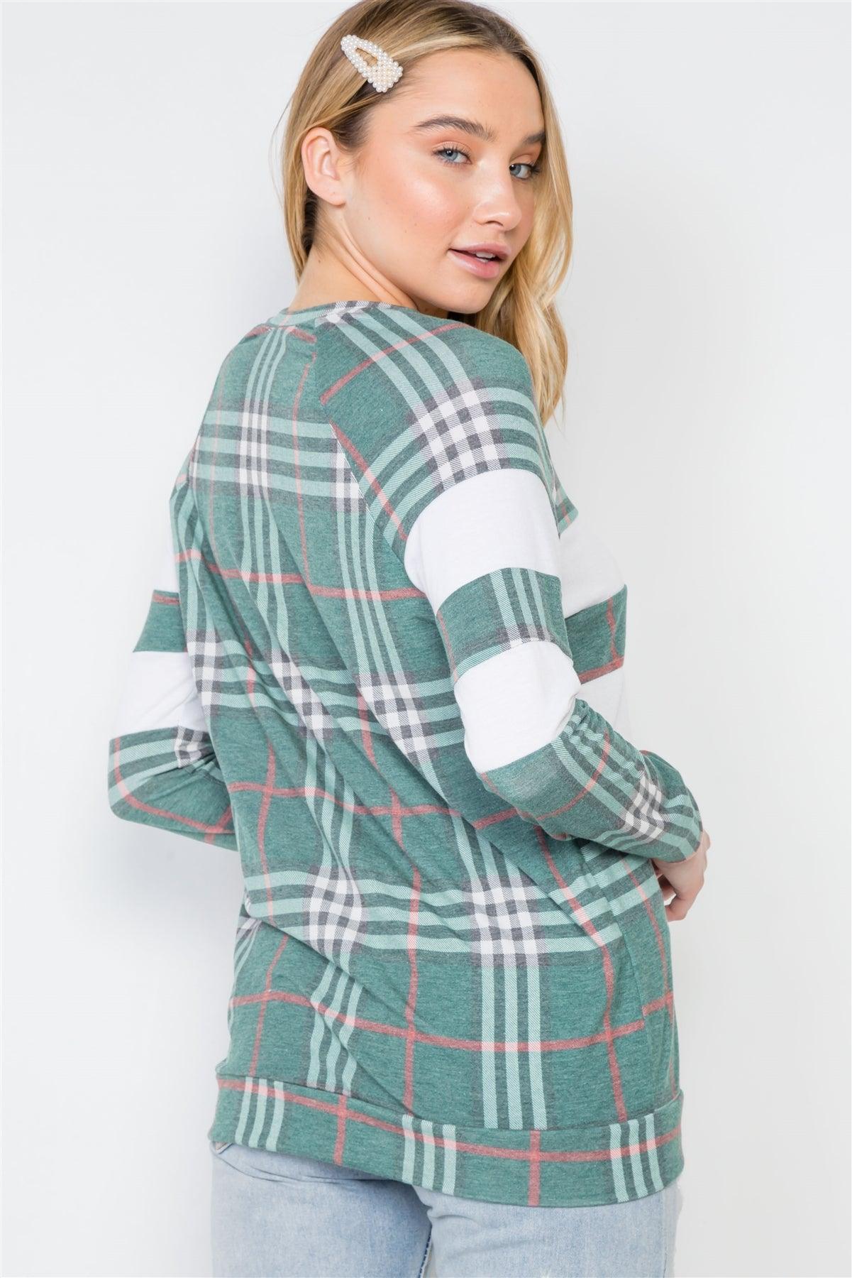 Green Plaid Long Sleeve Colorblock Sweater /2-2-2