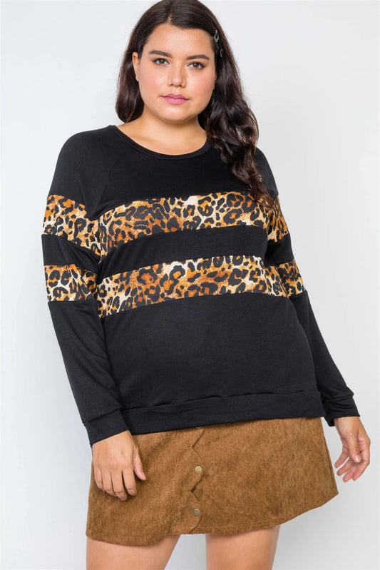 Plus Size Black Stripe Animal Print Combo Knit Top /2-2-2 - Tasha Apparel Wholesale