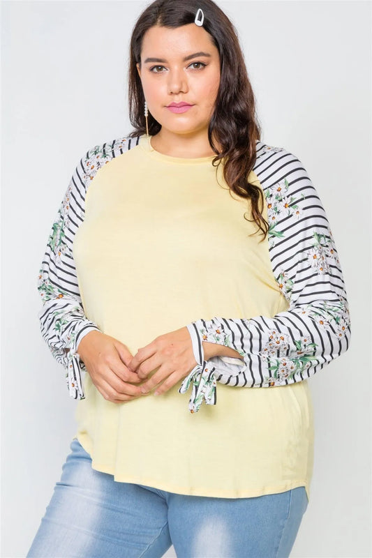 Plus Size Yellow Floral Stripe Contrast Sleeve Top /1-2-2 - Tasha Apparel Wholesale