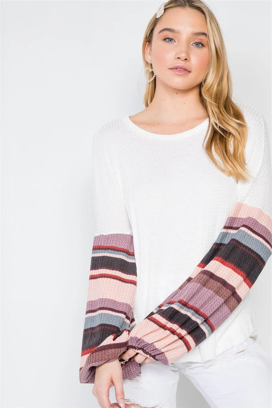 Ivory Contrast Sleeves Strip Knit Combo Sweater /2-2-2 - Tasha Apparel Wholesale