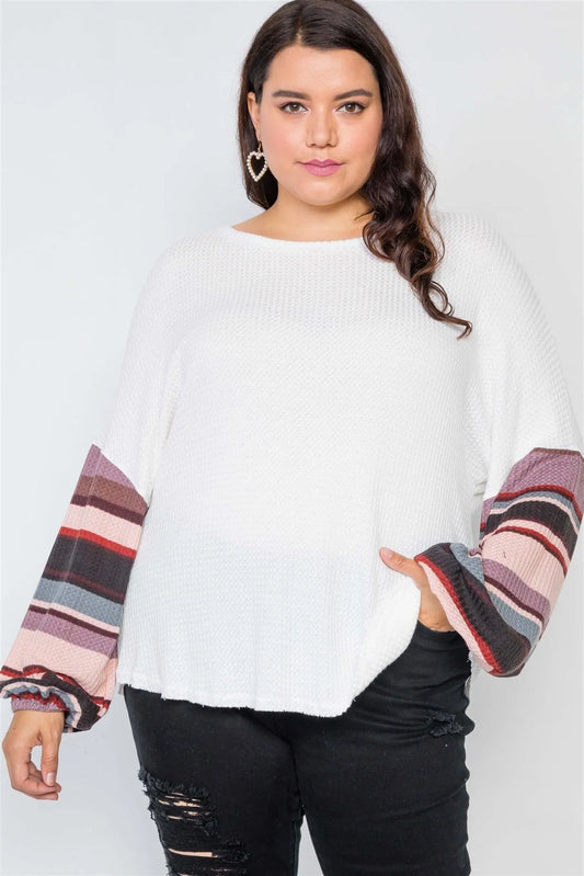 Plus Size Ivory Contrast Sleeves Knit Combo Top /2-2-2 - Tasha Apparel Wholesale