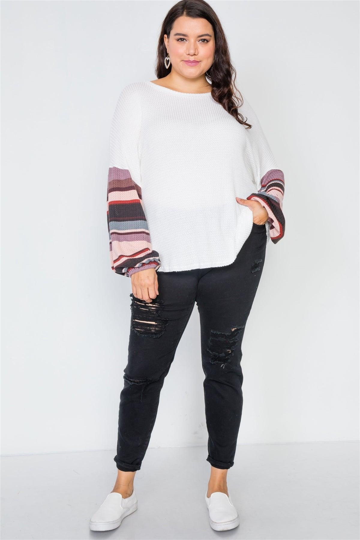 Plus Size Ivory Contrast Sleeves Knit Combo Top /2-2-2