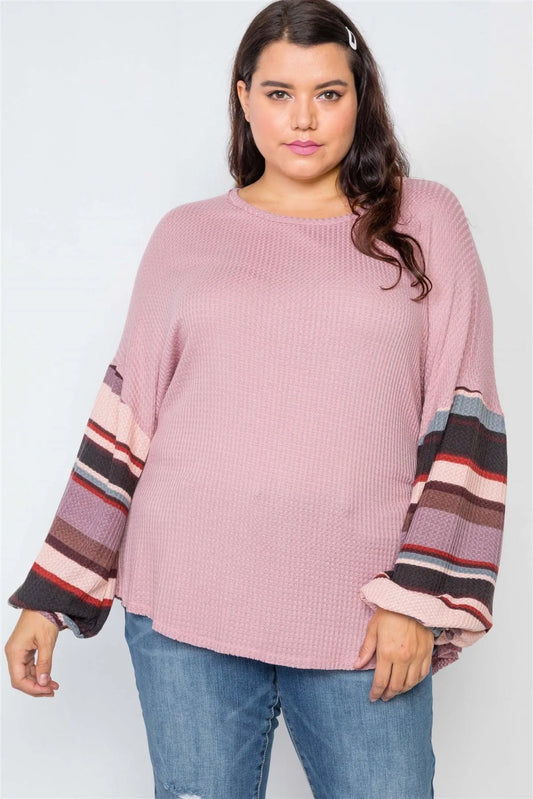 Plus Size Mauve Contrast Sleeves Knit Combo Top /2-2-2 - Tasha Apparel Wholesale