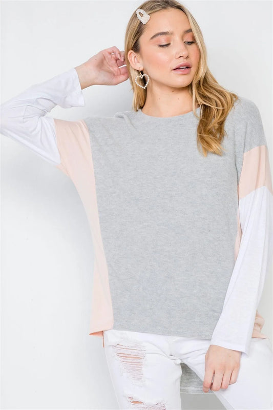 Ivory Grey Casual Colorblock Soft Sweater /2-2-2 - Tasha Apparel Wholesale