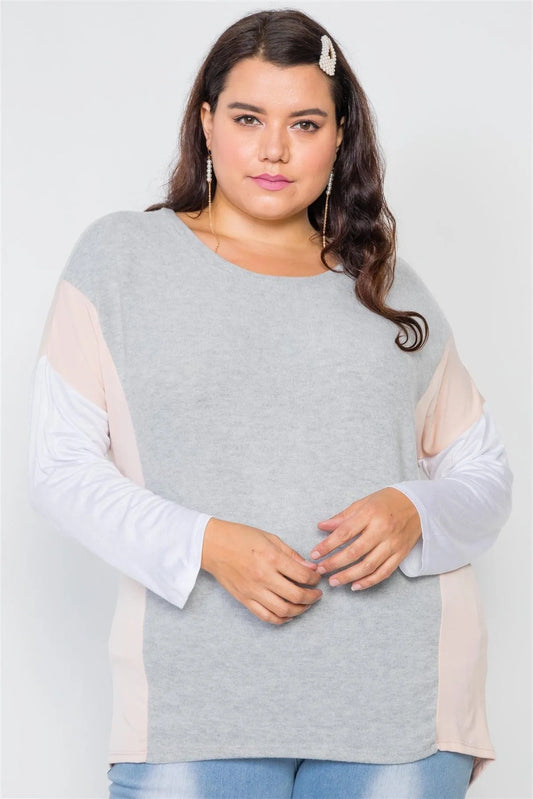 Plus Size Ivory Grey Colorblock Soft Knit Top - Tasha Apparel Wholesale
