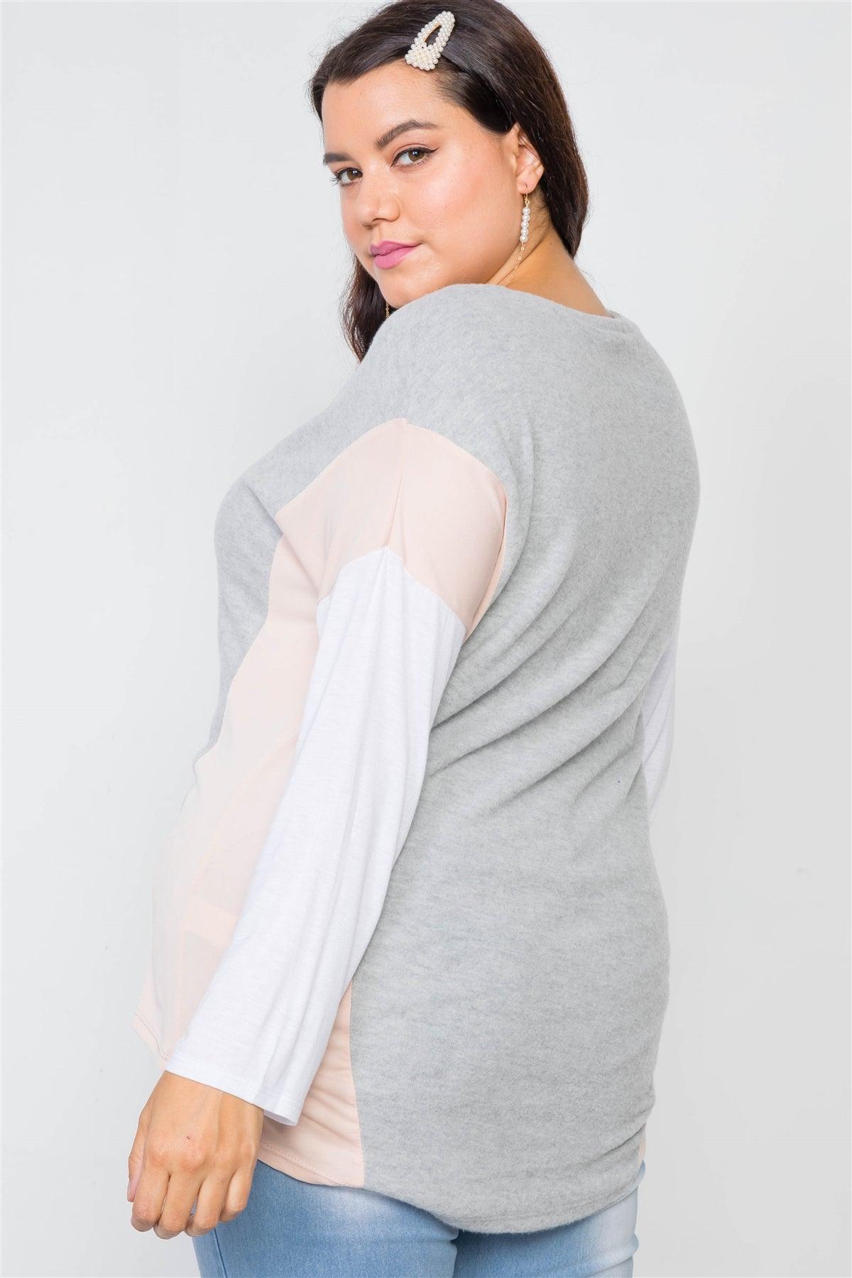 Plus Size Ivory Grey Colorblock Soft Knit Top