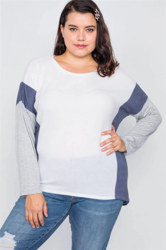 Plus Size Ivory Navy & Grey Colorblock Soft Knit Top /2-2-2 - Tasha Apparel Wholesale