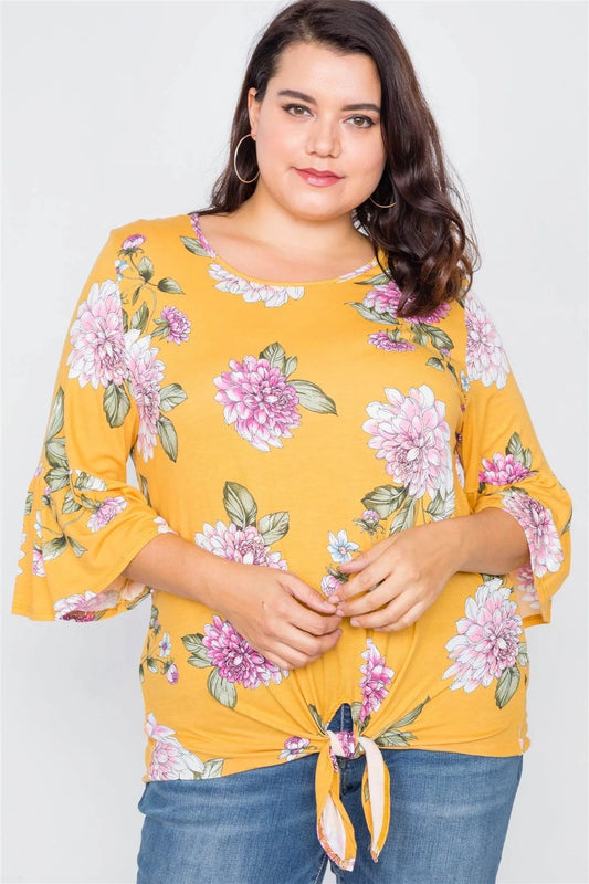 Plus Size Mustard Floral Print Front Knot High-Low Top /2-2-2 - Tasha Apparel Wholesale