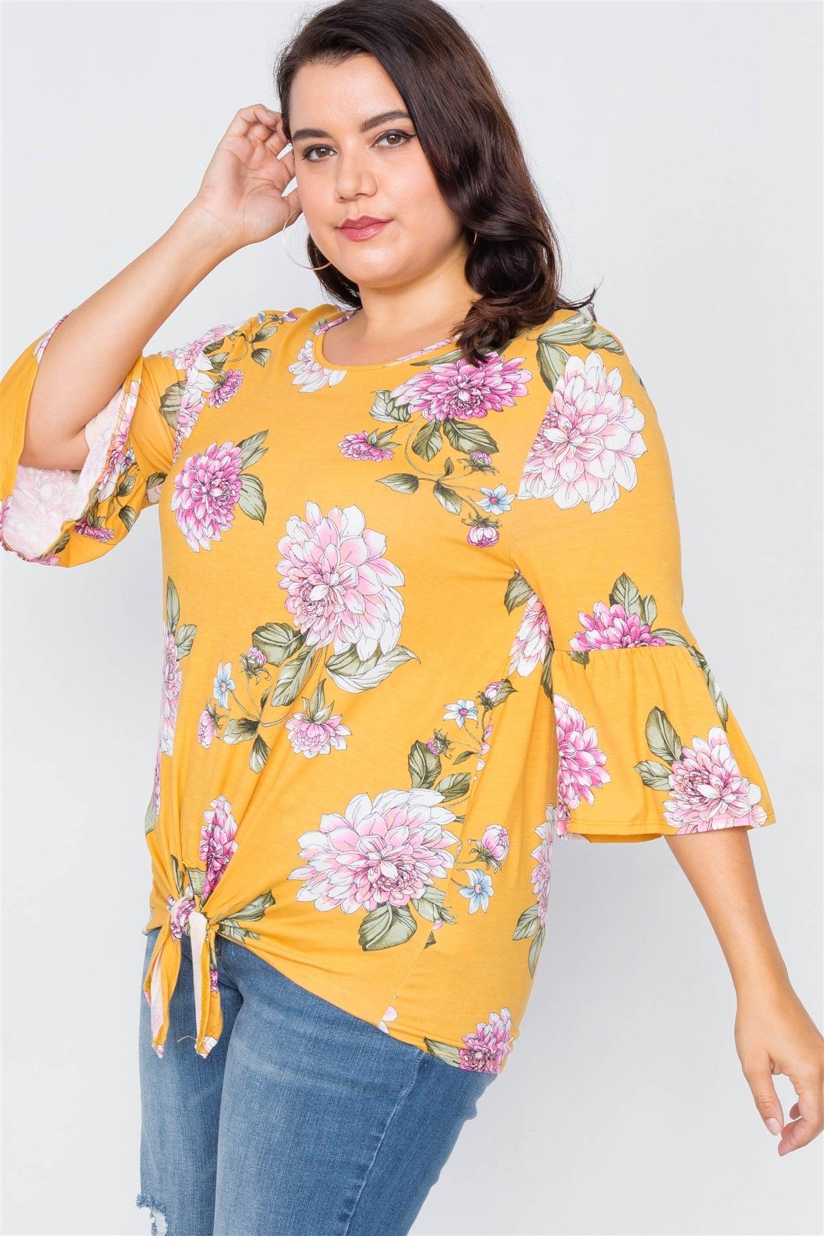Plus Size Mustard Floral Print Front Knot High-Low Top /2-2-2