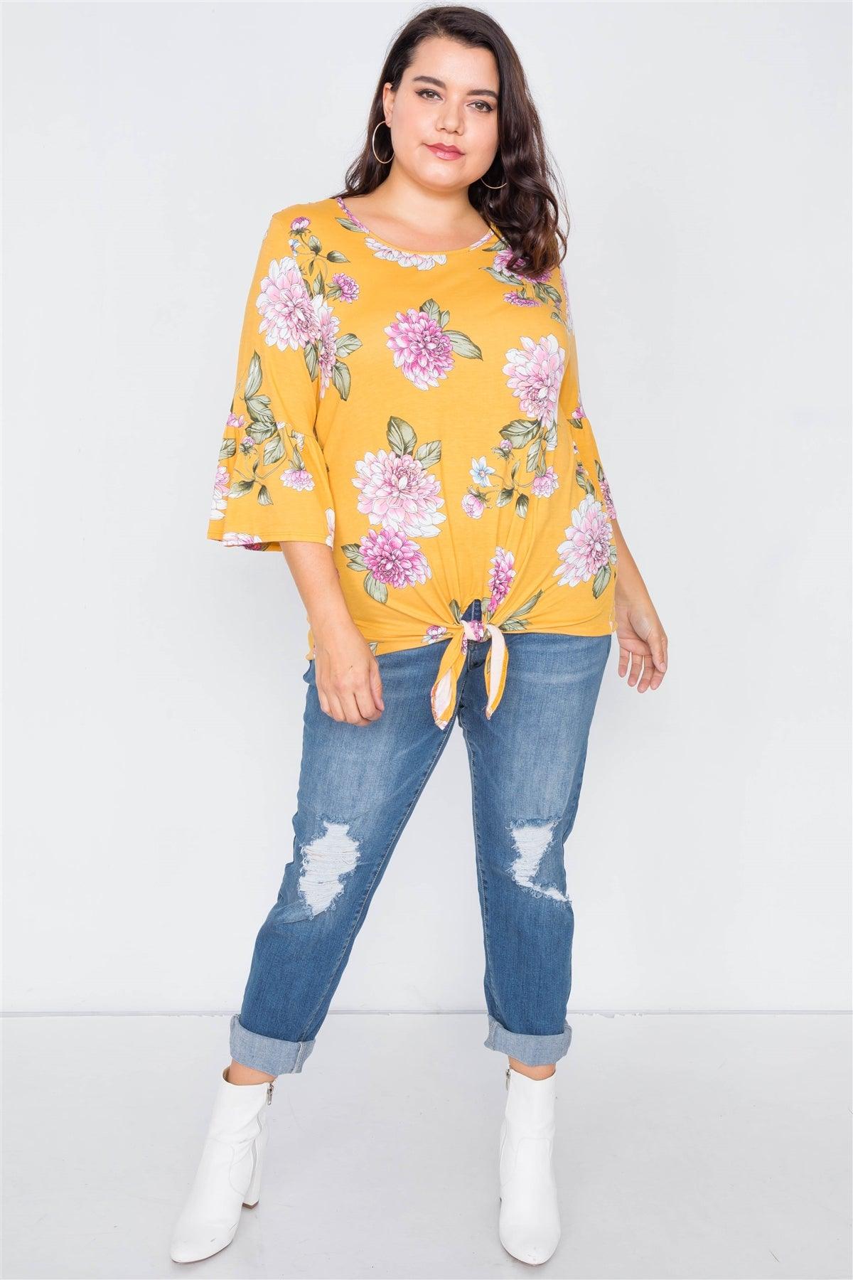 Plus Size Mustard Floral Print Front Knot High-Low Top /2-2-2