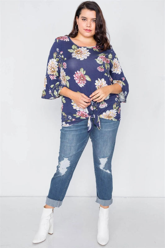 Plus Size Navy Floral Print Front Knot High-Low Top /1-2-2 - Tasha Apparel Wholesale