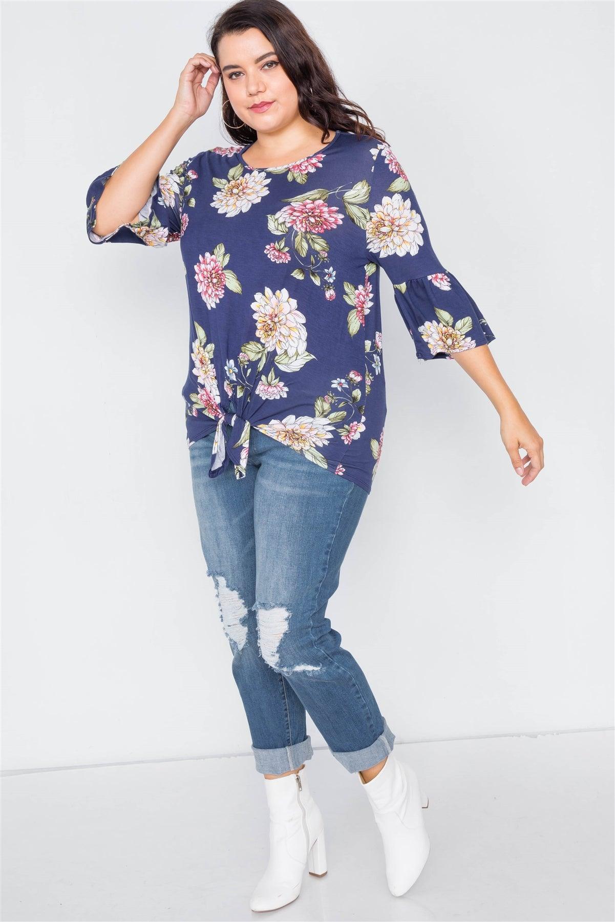 Plus Size Navy Floral Print Front Knot High-Low Top /1-2-2