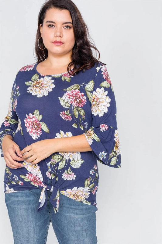 Plus Size Navy Floral Print Front Knot High-Low Top /2-2-2 - Tasha Apparel Wholesale