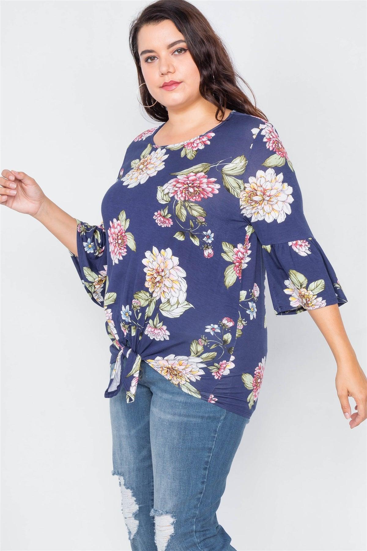 Plus Size Navy Floral Print Front Knot High-Low Top /2-2-2