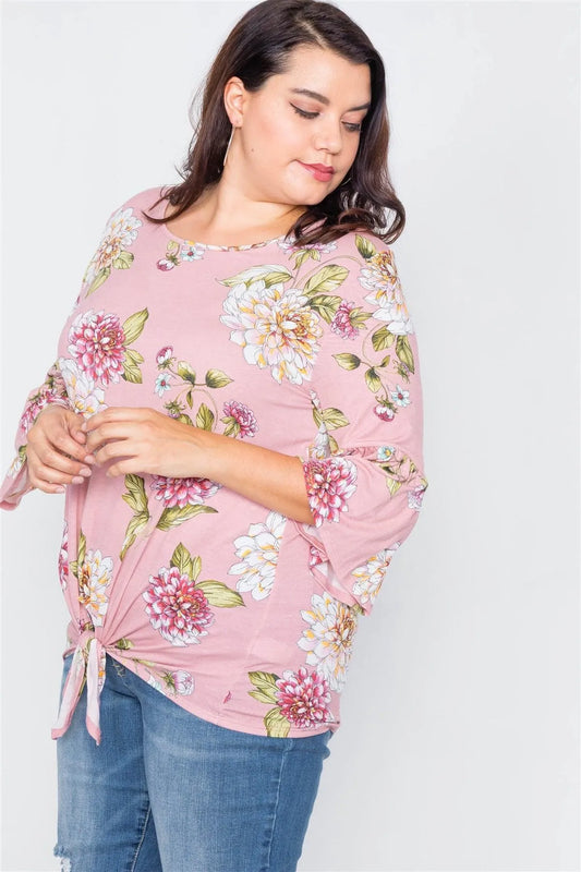 Plus Size Pink Floral Print Front Knot High-Low Top /2-2-2 - Tasha Apparel Wholesale