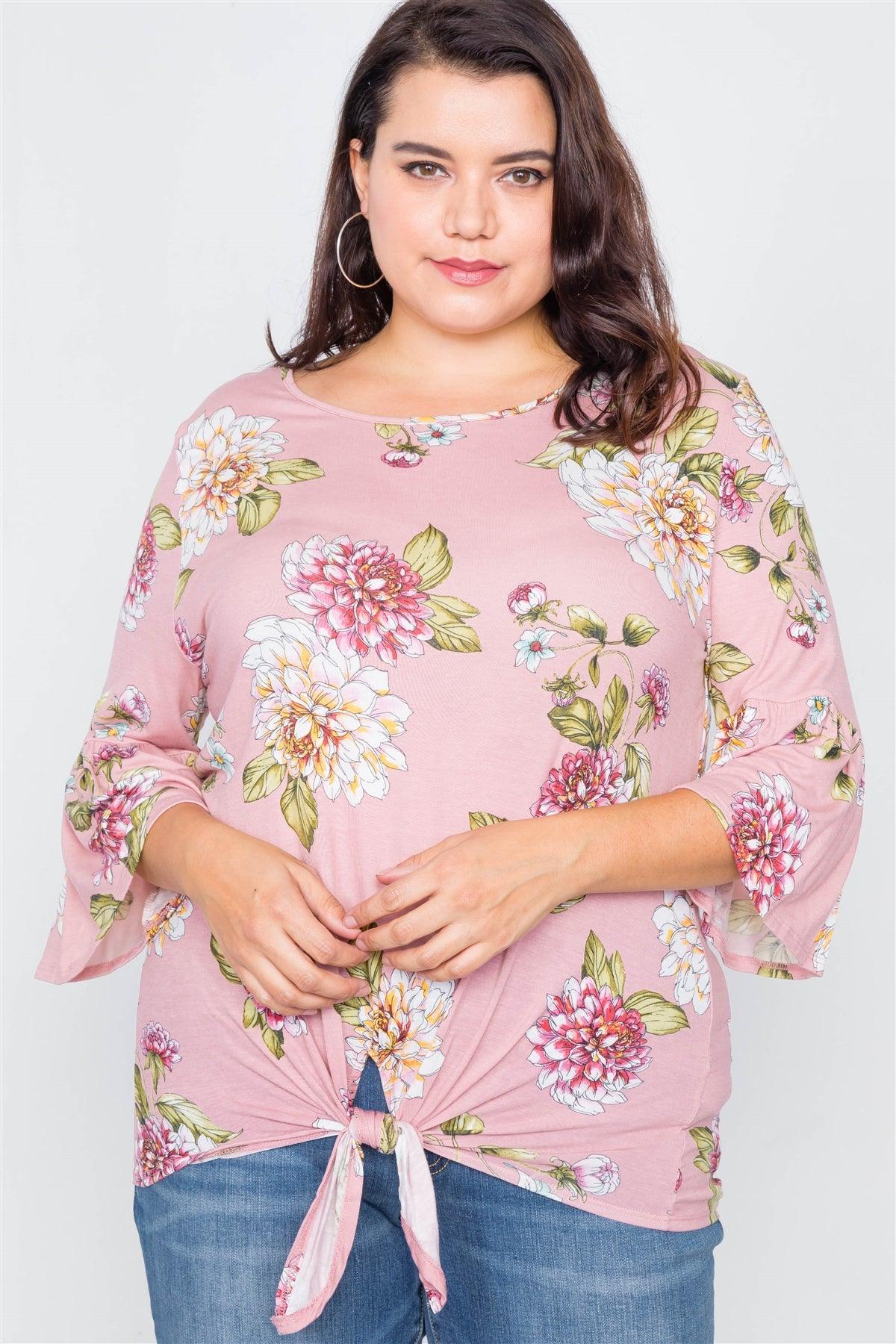 Plus Size Pink Floral Print Front Knot High-Low Top /2-2-2