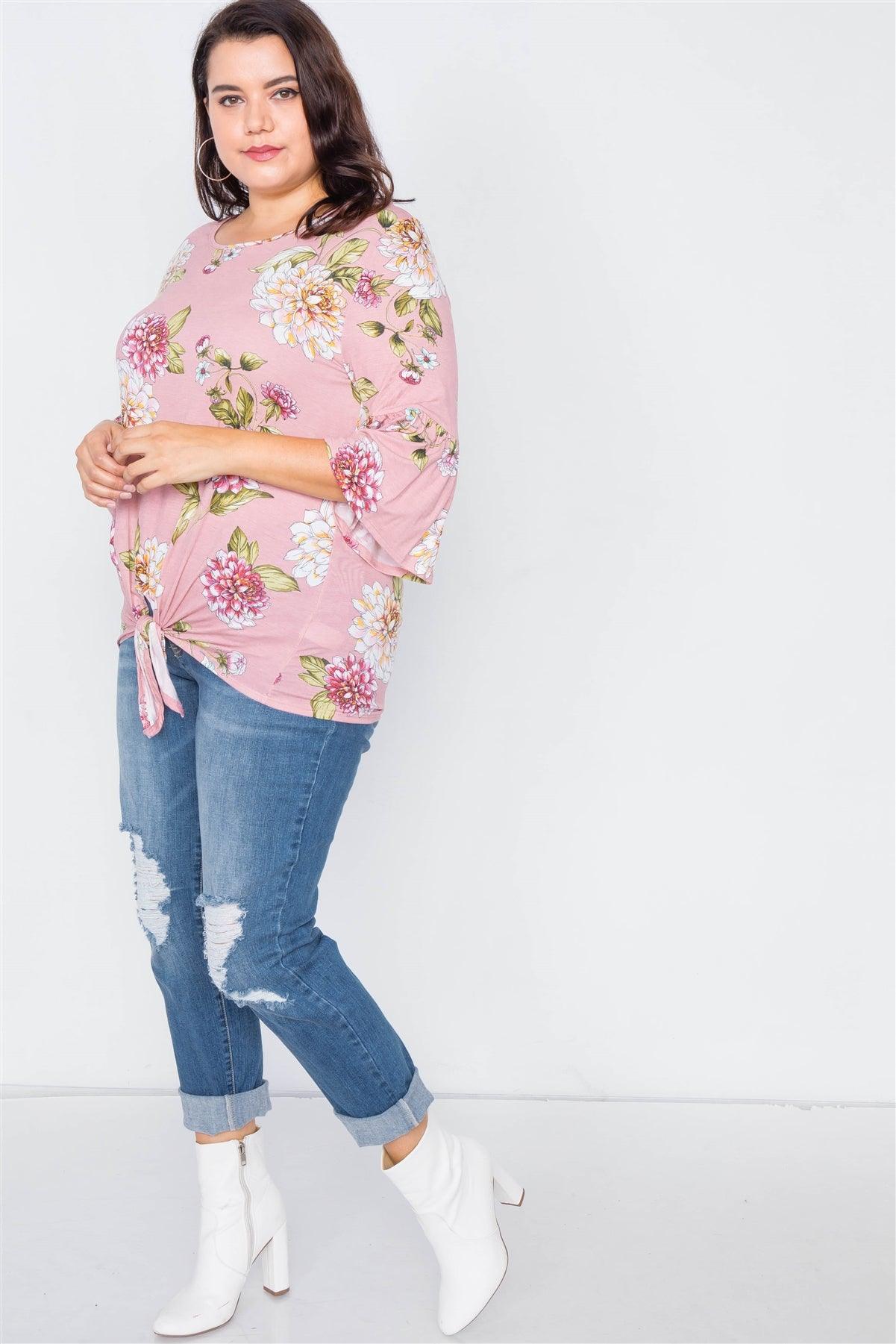 Plus Size Pink Floral Print Front Knot High-Low Top /2-2-2
