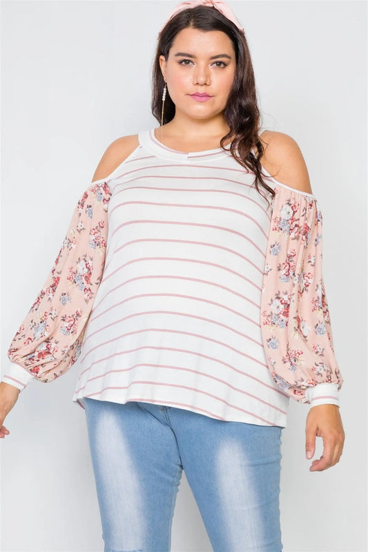 Plus Size Ivory Mauve Stripe Cold Shoulder Top / 2-2-2 - Tasha Apparel Wholesale