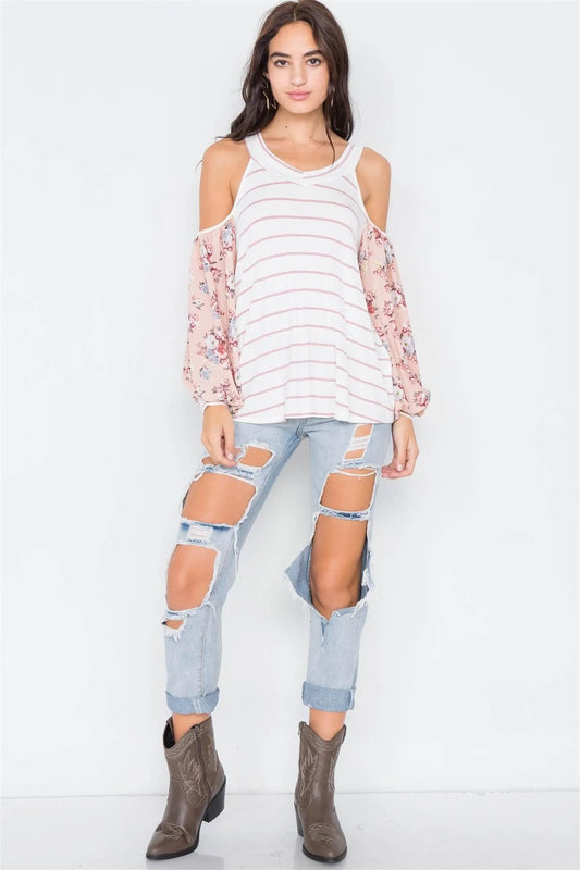 Ivory Mauve Stripe Cold Shoulder Top - Tasha Apparel Wholesale