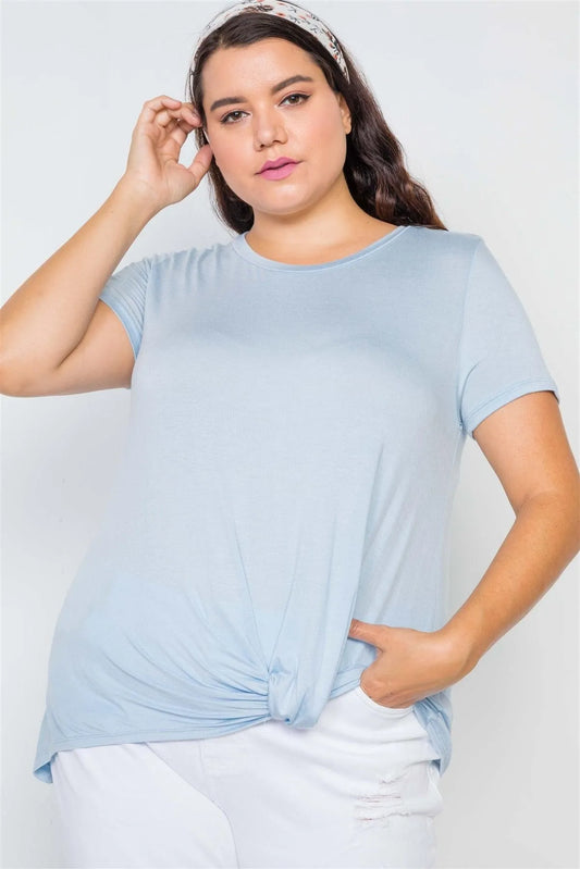 Plus Size Blue Solid Front-Twist Short Sleeve Top /2-2-2 - Tasha Apparel Wholesale