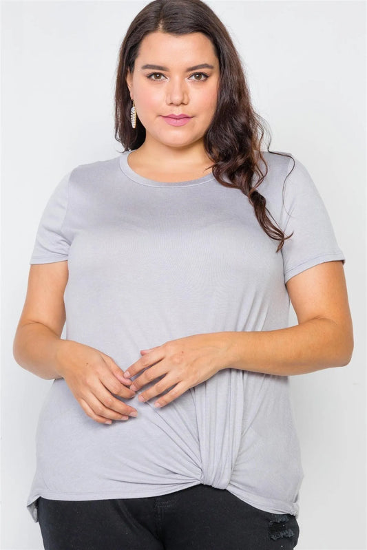 Junior Plus Size Grey Solid Front-Twist Short Sleeve Top /2-2-2 - Tasha Apparel Wholesale