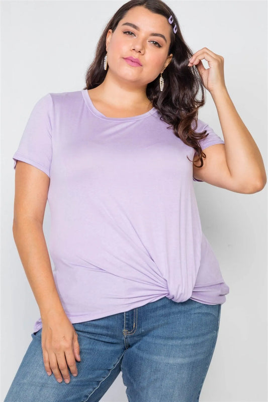 Plus Size Lavender Solid Front-Twist Short Sleeve Top /2-2-2 - Tasha Apparel Wholesale
