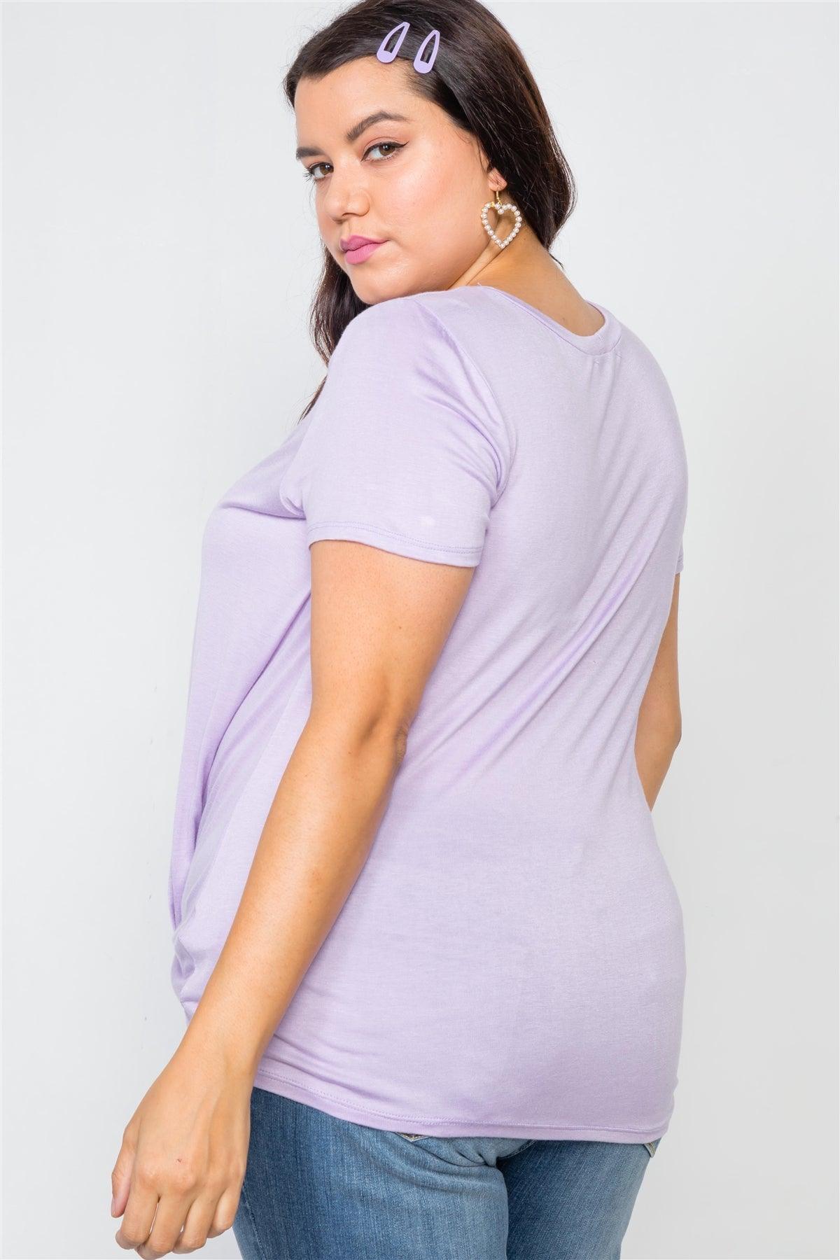 Plus Size Lavender Solid Front-Twist Short Sleeve Top /2-2-2
