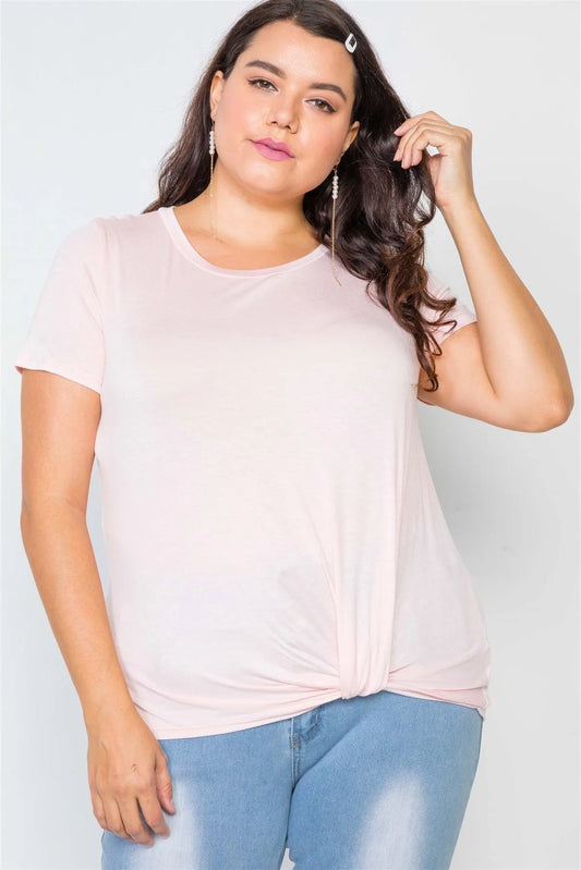 Plus Size Pink Solid Front-Twist Short Sleeve Top /2-2-2 - Tasha Apparel Wholesale