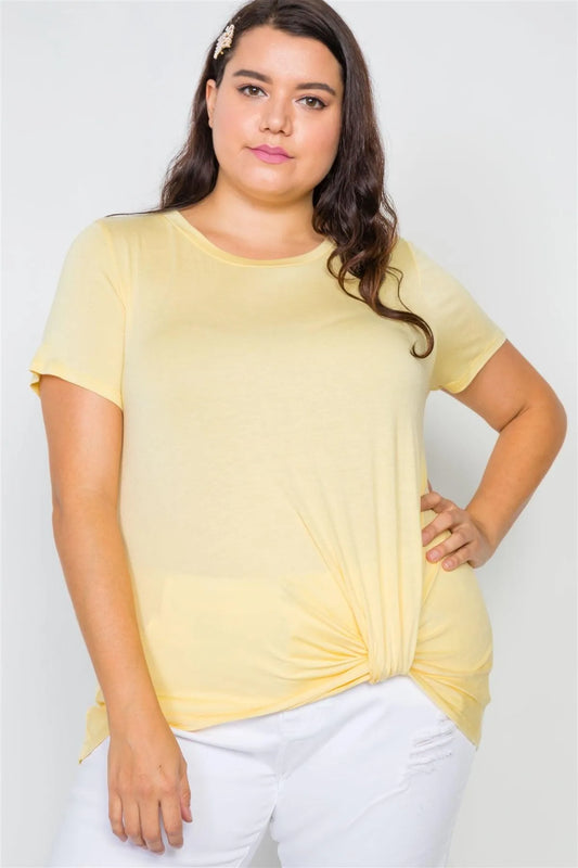 Plus Size Yellow Solid Front-Twist Short Sleeve Top /2-2-2 - Tasha Apparel Wholesale