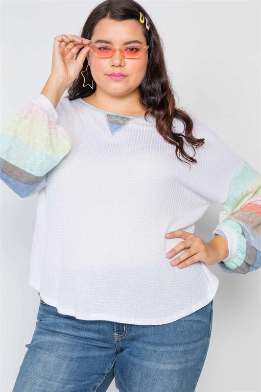 Plus Size White Contrast Stripe Sleeves Knit Top /2-2-2 - Tasha Apparel Wholesale