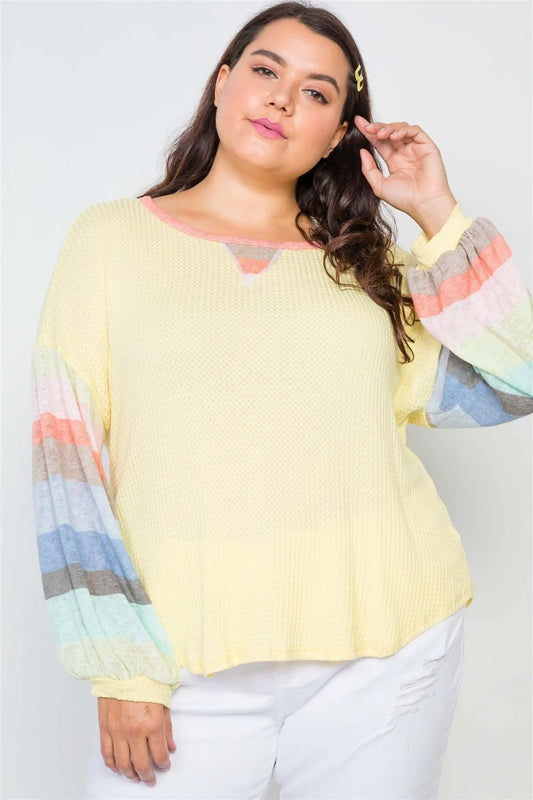 Plus Size Yellow Contrast Stripe Sleeves Knit Top /2-2-2 - Tasha Apparel Wholesale