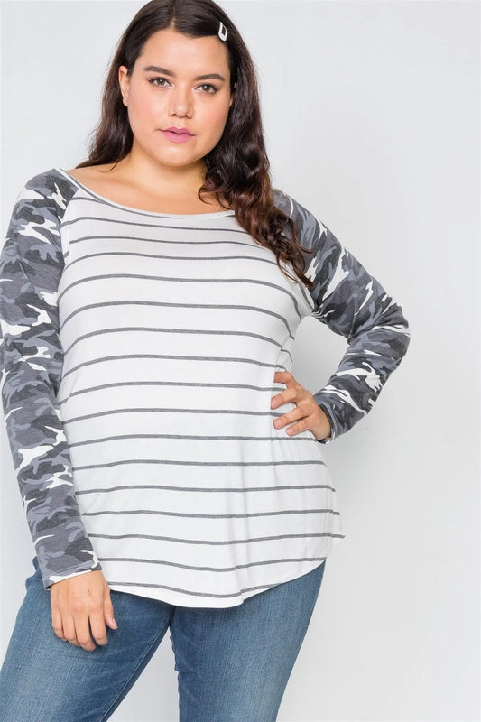 Plus Size Ivory Stripe Camo Print Long Sleeve Top - Tasha Apparel Wholesale