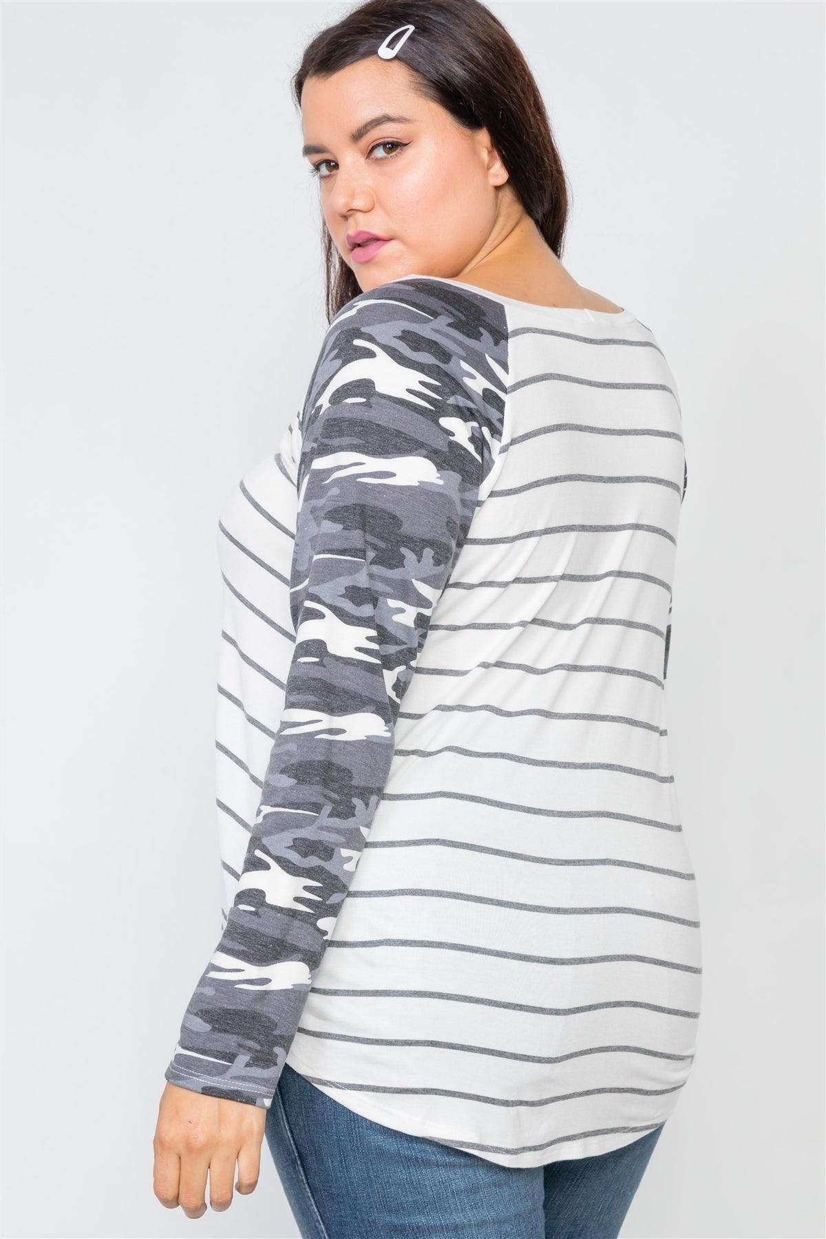 Plus Size Ivory Stripe Camo Print Long Sleeve Top