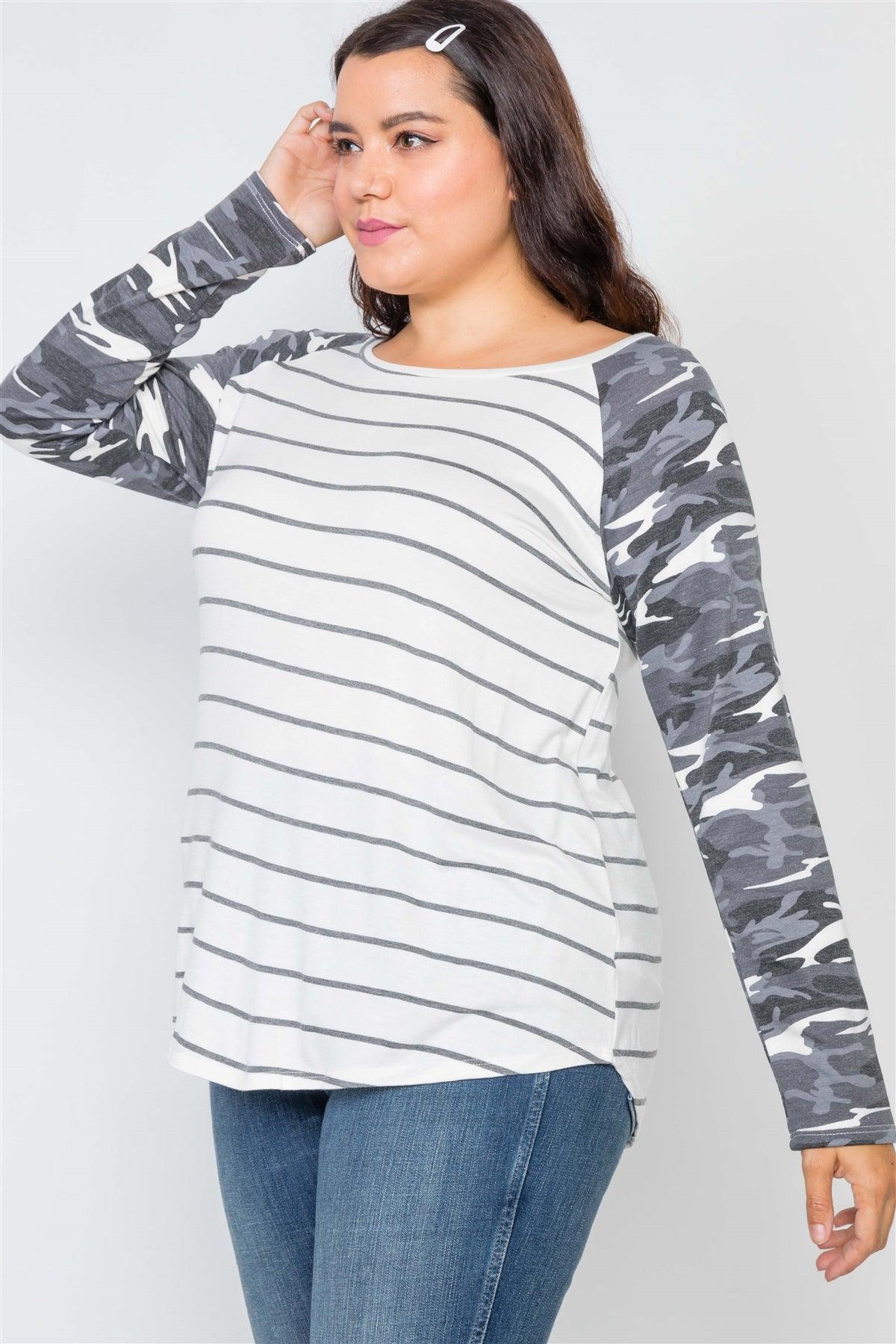 Plus Size Ivory Stripe Camo Print Long Sleeve Top