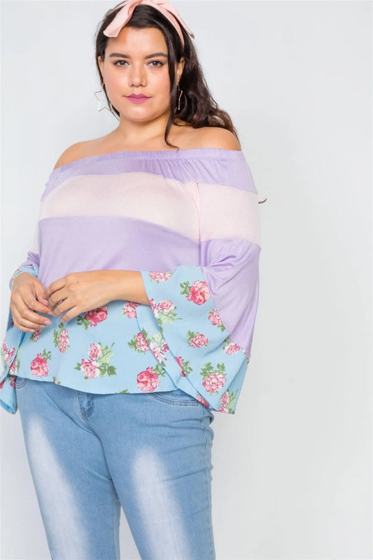 Junior Plus Size Off-The-Shoulder Colorblock Floral Top - Tasha Apparel Wholesale